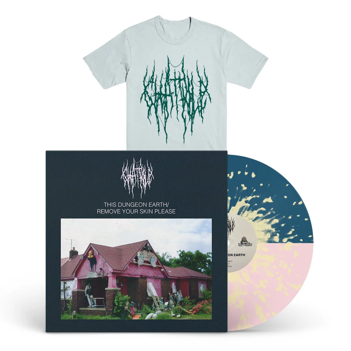 CHAT PILE "This Dungeon Earth/Remove Your Skin Please" LP + Ice Blue T-Shirt Bundle
